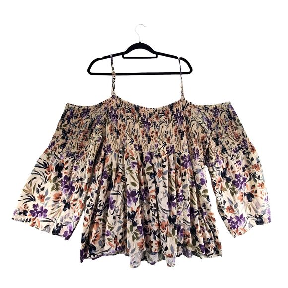 5 5X Torrid Challis Smocked Cold Shoulder Rayon Floral 3/4 Sleeve Blouse Top - Picture 4 of 11